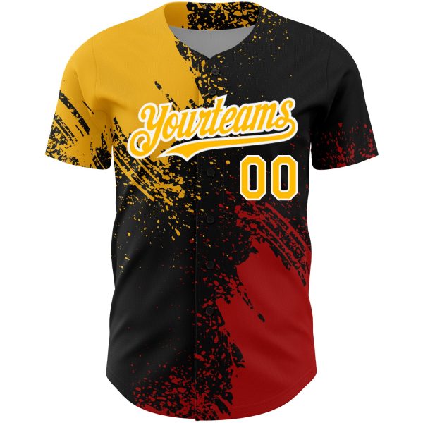 Custom Black Gold-Red 3D Pattern Design Abstract Brush Stroke Authentic Baseball Jersey - Image 2
