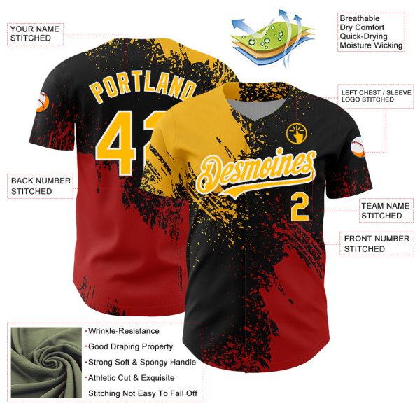 Custom Black Gold-Red 3D Pattern Design Abstract Brush Stroke Authentic Baseball Jersey - Image 3