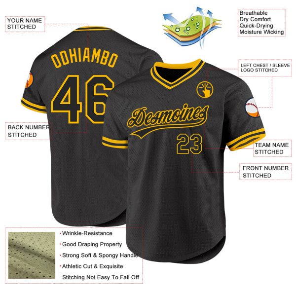 Custom Black Gold Authentic Throwback Baseball Jersey - Image 3