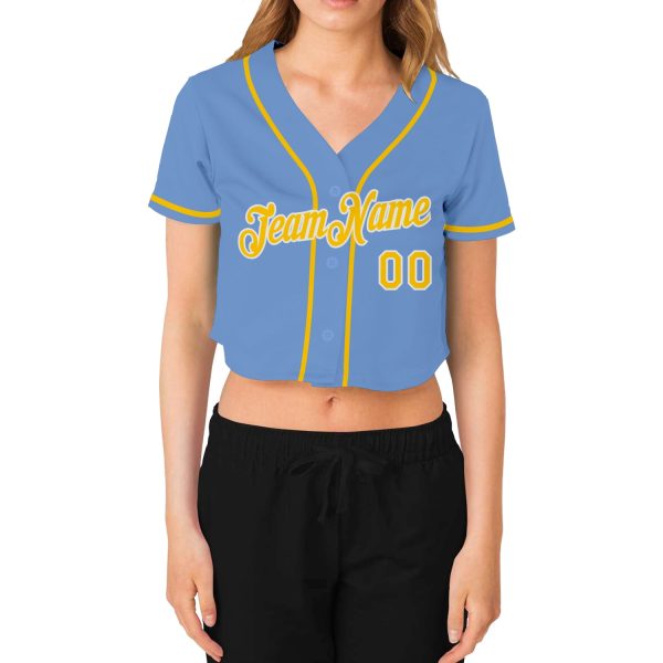 Custom Women's Light Blue Gold-White V-Neck Cropped Baseball Jersey - Image 2
