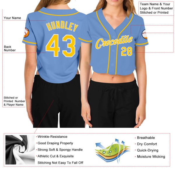 Custom Women's Light Blue Gold-White V-Neck Cropped Baseball Jersey - Image 3