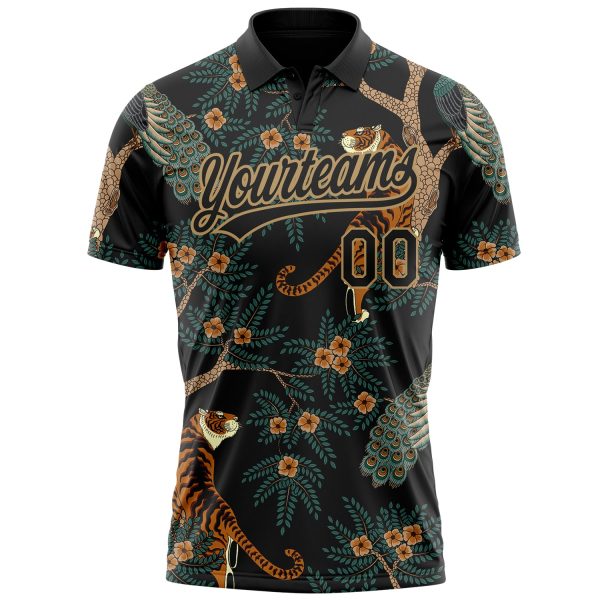 Custom Black Black-Old Gold 3D Pattern Design Tiger And Peacock Performance Vapor Golf Polo Shirt - Image 2