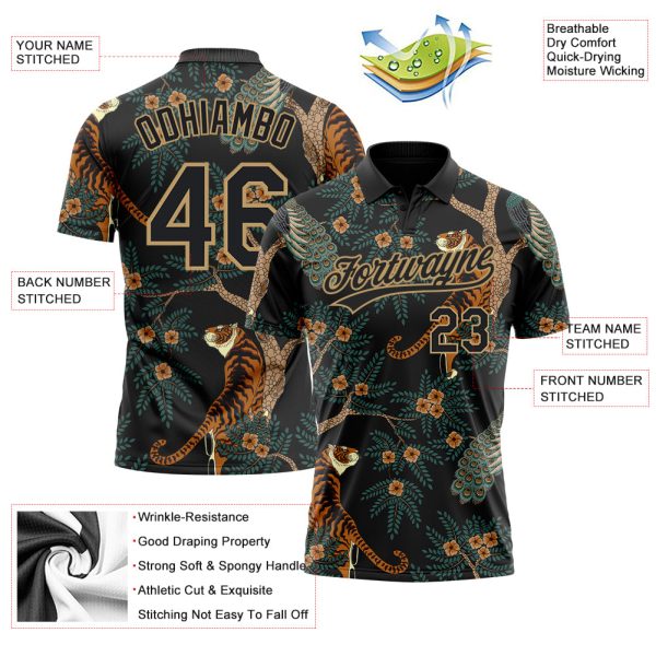 Custom Black Black-Old Gold 3D Pattern Design Tiger And Peacock Performance Vapor Golf Polo Shirt - Image 3