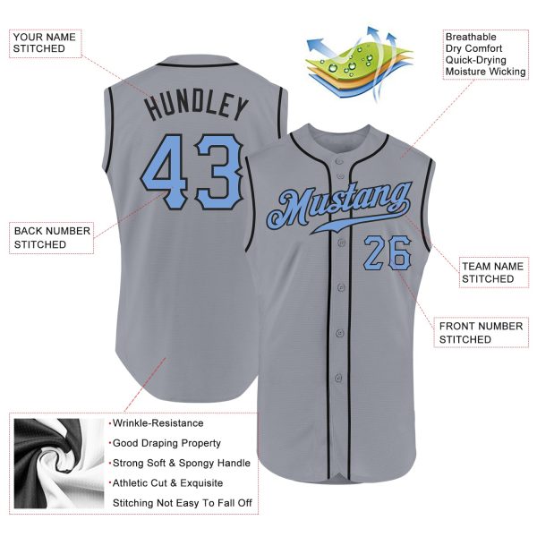 Custom Gray Light Blue-Black Authentic Sleeveless Father's Day Baseball Jersey - Image 2