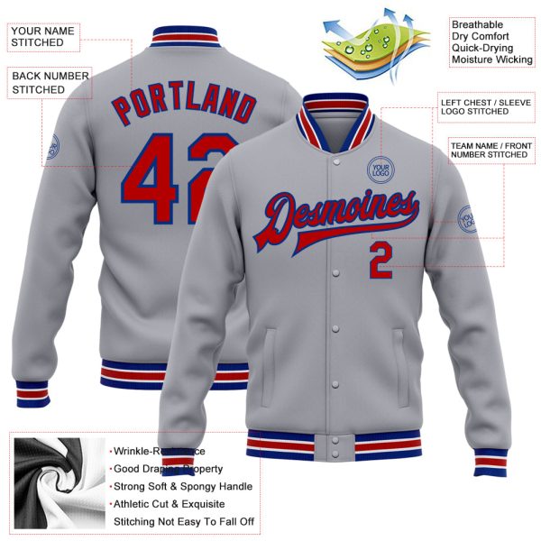 Custom Gray Red-Royal Bomber Full-Snap Varsity Letterman Jacket - Image 3