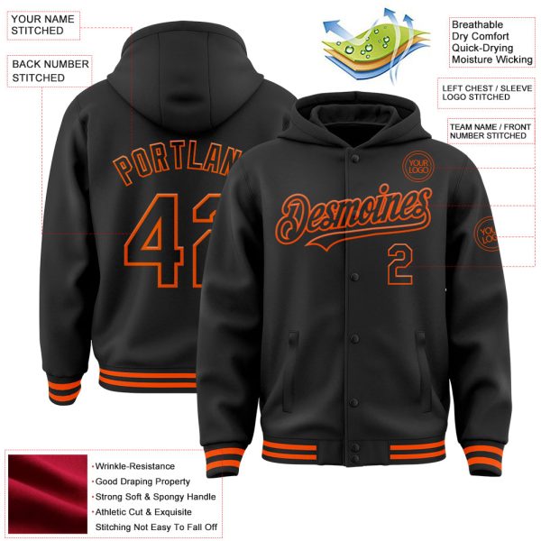 Custom Black Orange Bomber Full-Snap Varsity Letterman Hoodie Jacket - Image 3