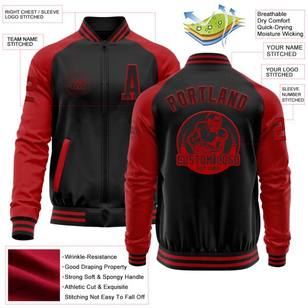 Custom Black Red Bomber Varsity Letterman Two Tone Zipper Jacket - Image 3