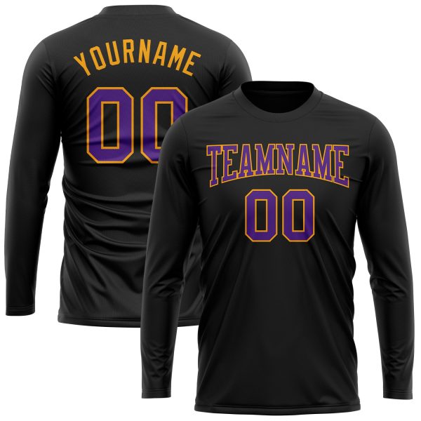Custom Black Purple-Gold Long Sleeve Performance T-Shirt - Image 2