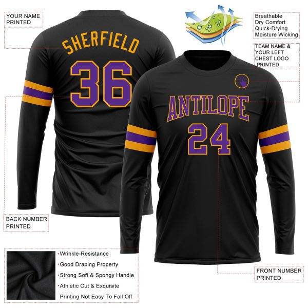 Custom Black Purple-Gold Long Sleeve Performance T-Shirt - Image 3