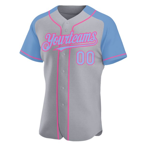 Custom Gray Light Blue-Pink Authentic Raglan Sleeves Baseball Jersey - Image 2