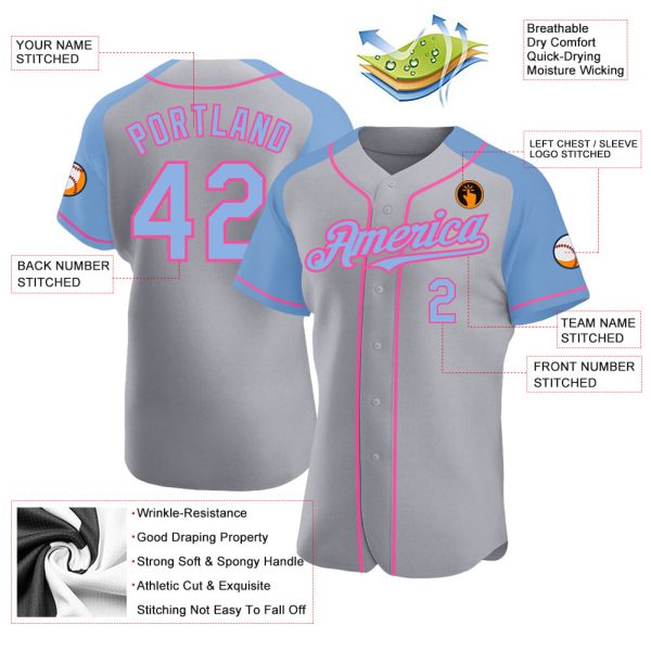 Custom Gray Light Blue-Pink Authentic Raglan Sleeves Baseball Jersey - Image 3