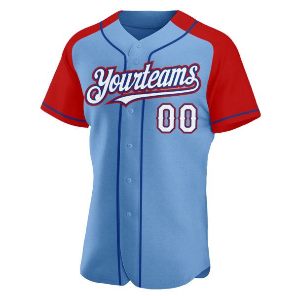 Custom Light Blue White Red-Royal Authentic Raglan Sleeves Baseball Jersey - Image 2