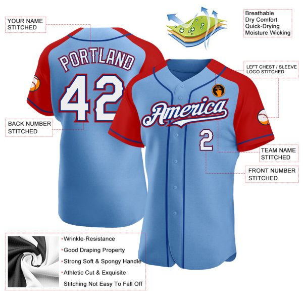 Custom Light Blue White Red-Royal Authentic Raglan Sleeves Baseball Jersey - Image 3