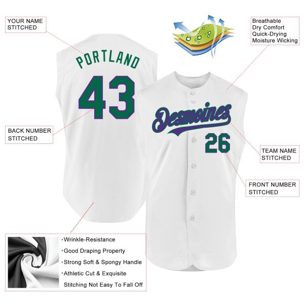 Custom White Kelly Green-Purple Authentic Sleeveless Baseball Jersey - Image 2