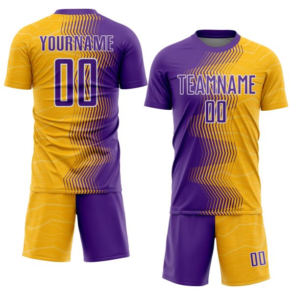 Custom Gold Purple-White Gradient Arrow Sublimation Soccer Uniform Jersey - Image 2