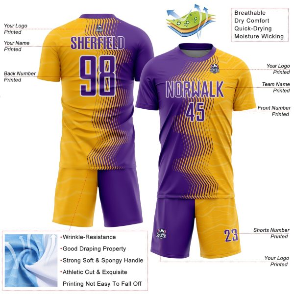 Custom Gold Purple-White Gradient Arrow Sublimation Soccer Uniform Jersey - Image 4