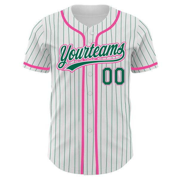 Custom White Kelly Green Pinstripe Kelly Green-Pink Authentic Baseball Jersey - Image 2