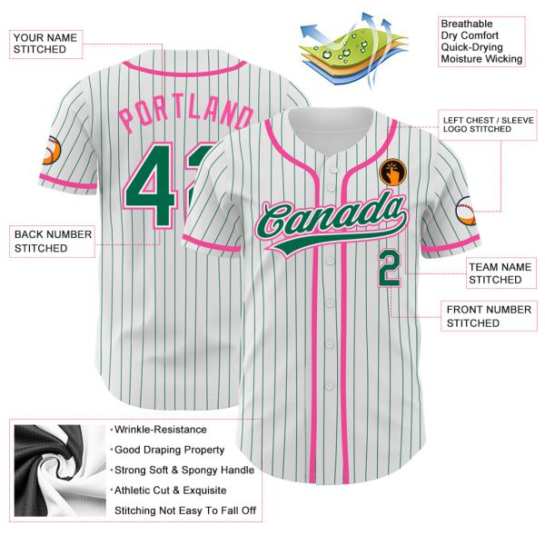 Custom White Kelly Green Pinstripe Kelly Green-Pink Authentic Baseball Jersey - Image 3