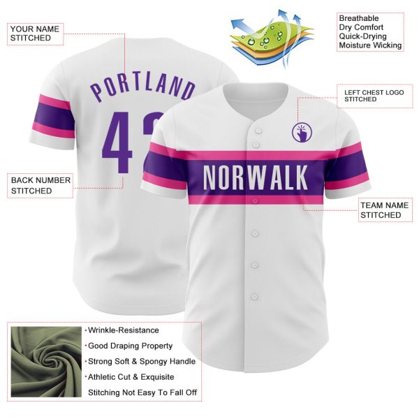 Custom White Purple-Pink Authentic Baseball Jersey - Image 3