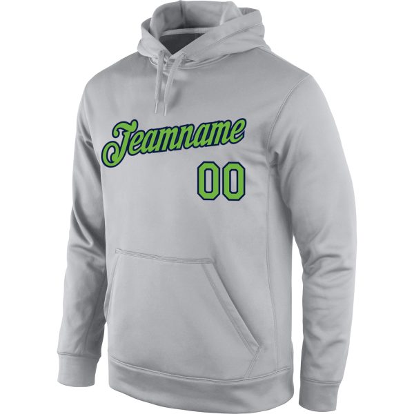 Custom Stitched Gray Neon Green-Navy Sports Pullover Sweatshirt Hoodie - Image 2