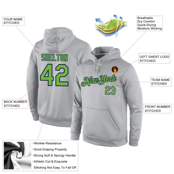 Custom Stitched Gray Neon Green-Navy Sports Pullover Sweatshirt Hoodie - Image 4