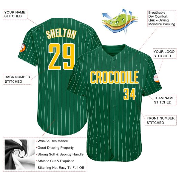 Custom Kelly Green White Pinstripe Gold-White Authentic Baseball Jersey - Image 3
